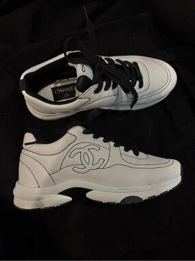 CHANEL White and Black Quilted Logo Trainers